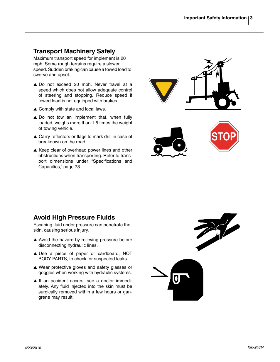 Transport machinery safely, Avoid high pressure fluids | Great Plains 3N-3020P Operator Manual User Manual | Page 5 / 111