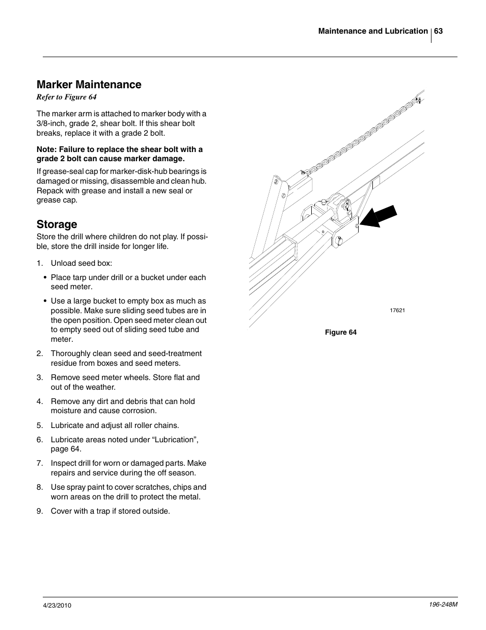 Marker maintenance, Storage | Great Plains 3N-3020P Operator Manual User Manual | Page 65 / 111