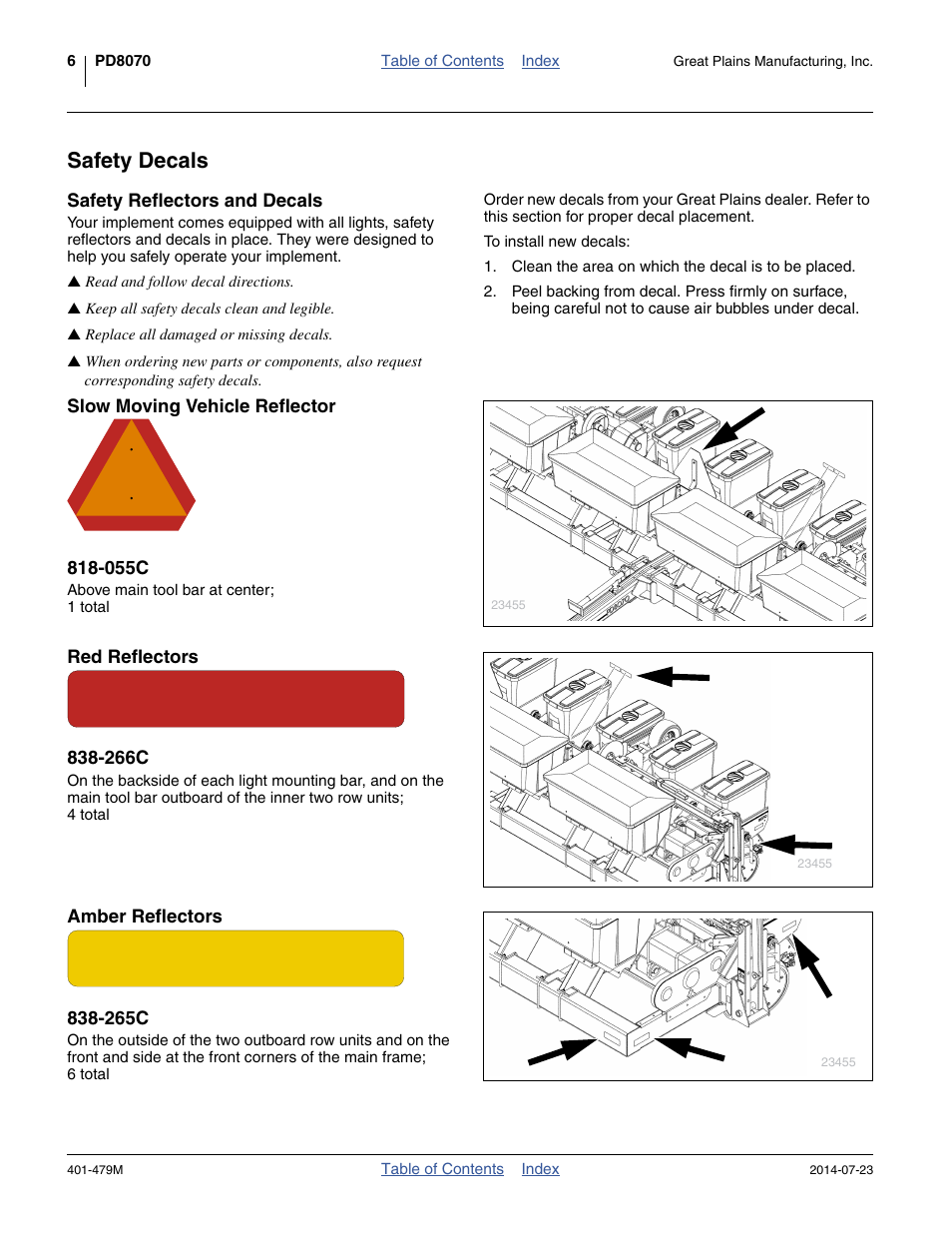 Safety decals, Slow moving vehicle reflector 818-055c, Red reflectors 838-266c | Amber reflectors 838-265c | Great Plains PD8070 Operator Manual User Manual | Page 10 / 114