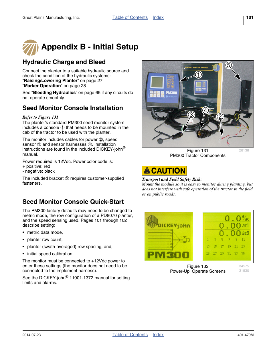 Appendix b - initial setup, Hydraulic charge and bleed, Seed monitor console installation | Seed monitor console quick-start | Great Plains PD8070 Operator Manual User Manual | Page 105 / 114