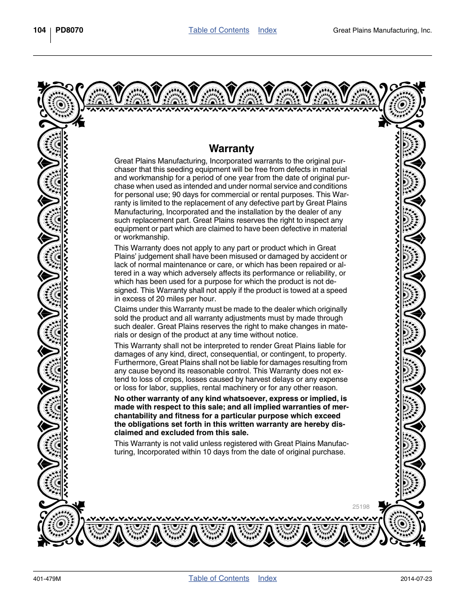 Warranty | Great Plains PD8070 Operator Manual User Manual | Page 108 / 114