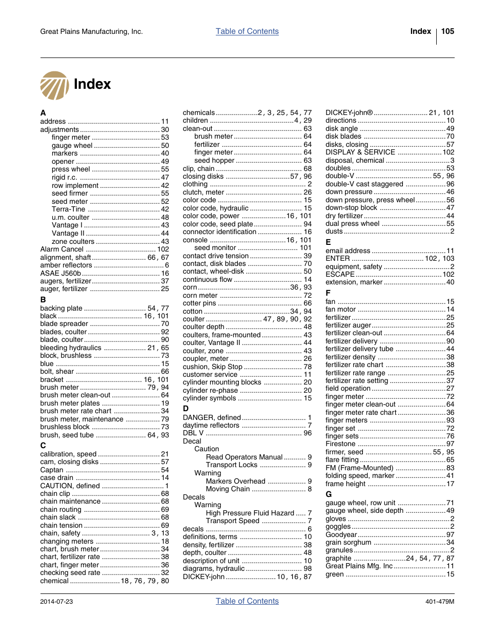 Index | Great Plains PD8070 Operator Manual User Manual | Page 109 / 114