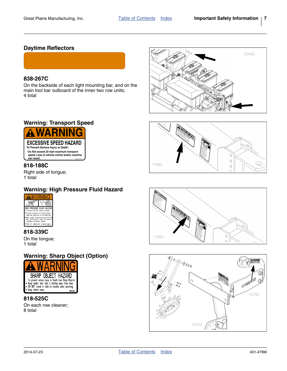 Daytime reflectors 838-267c, Warning: transport speed 818-188c, Warning: high pressure fluid hazard 818-339c | Warning: sharp object (option) 818-525c, Warning, Excessive speed hazard | Great Plains PD8070 Operator Manual User Manual | Page 11 / 114