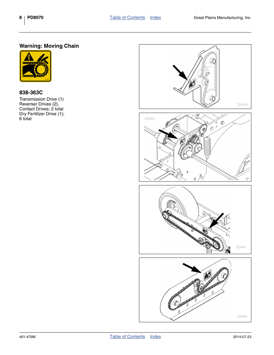 Warning: moving chain 838-363c | Great Plains PD8070 Operator Manual User Manual | Page 12 / 114