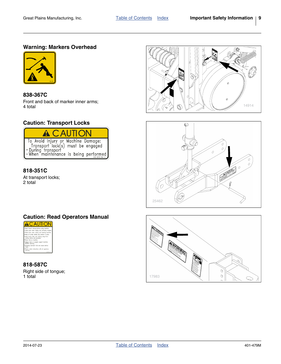 Warning: markers overhead 838-367c, Caution: transport locks 818-351c, Caution: read operators manual 818-587c | Great Plains PD8070 Operator Manual User Manual | Page 13 / 114