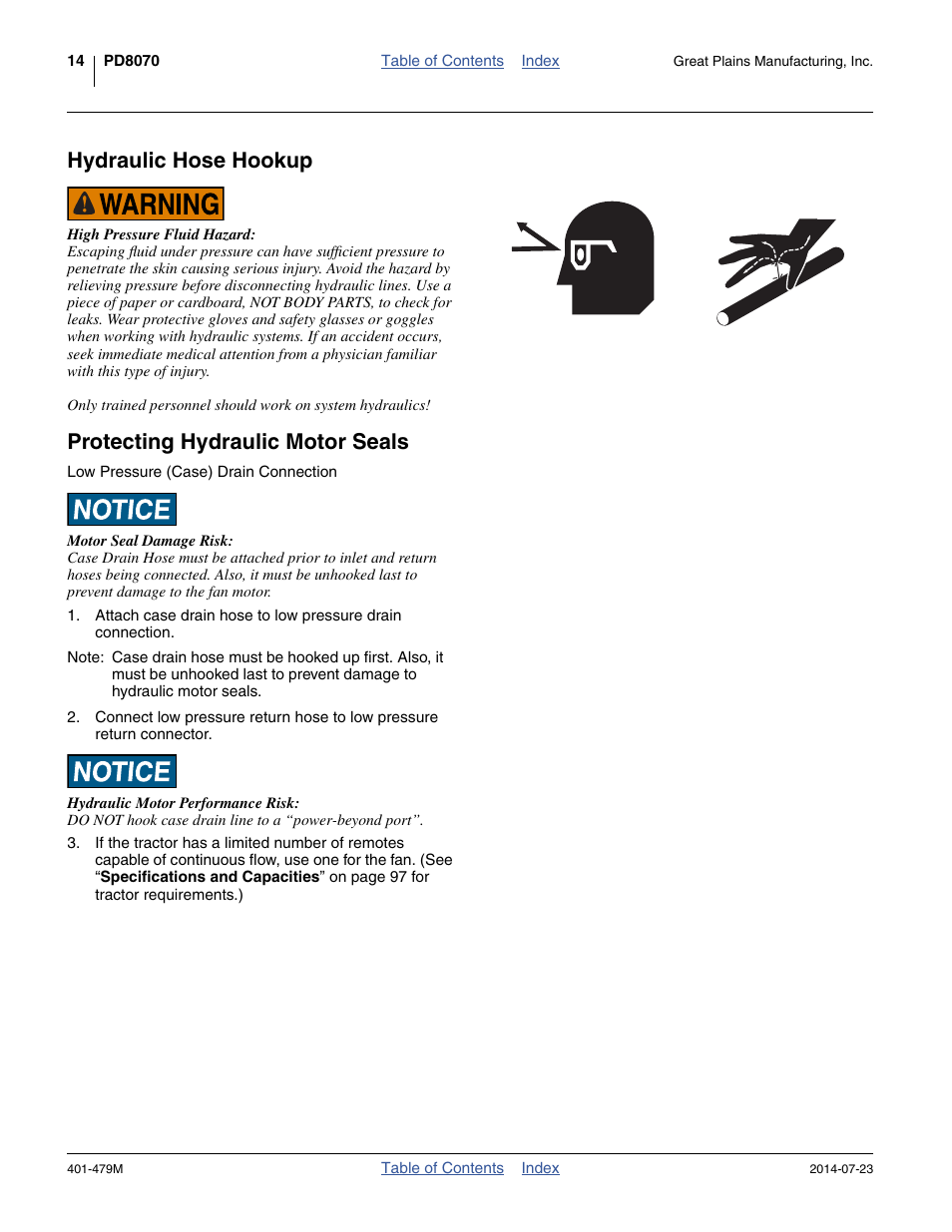 Hydraulic hose hookup, Protecting hydraulic motor seals | Great Plains PD8070 Operator Manual User Manual | Page 18 / 114