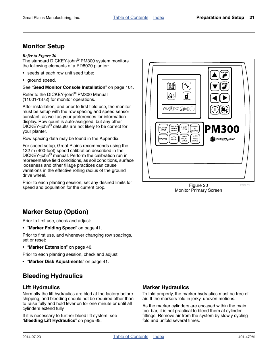 Monitor setup, Marker setup (option), Bleeding hydraulics | Lift hydraulics, Marker hydraulics, Lift hydraulics marker hydraulics | Great Plains PD8070 Operator Manual User Manual | Page 25 / 114