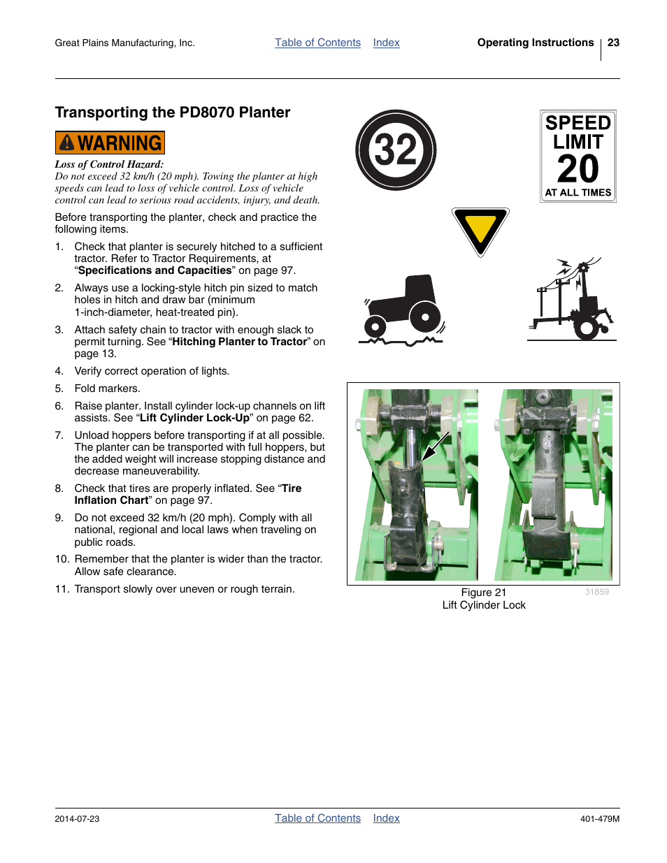 Transporting the pd8070 planter | Great Plains PD8070 Operator Manual User Manual | Page 27 / 114