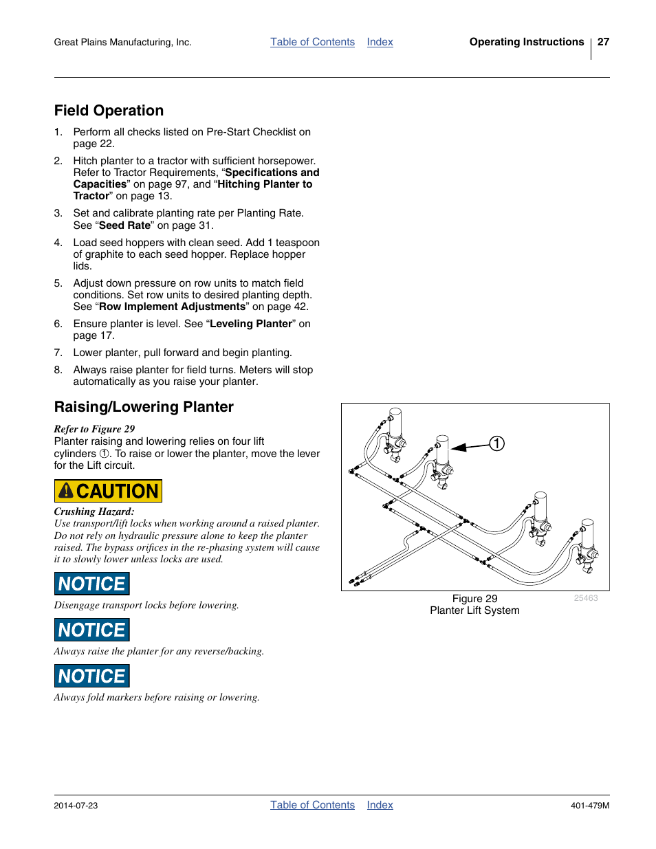 Field operation, Raising/lowering planter, Field operation raising/lowering planter | Great Plains PD8070 Operator Manual User Manual | Page 31 / 114