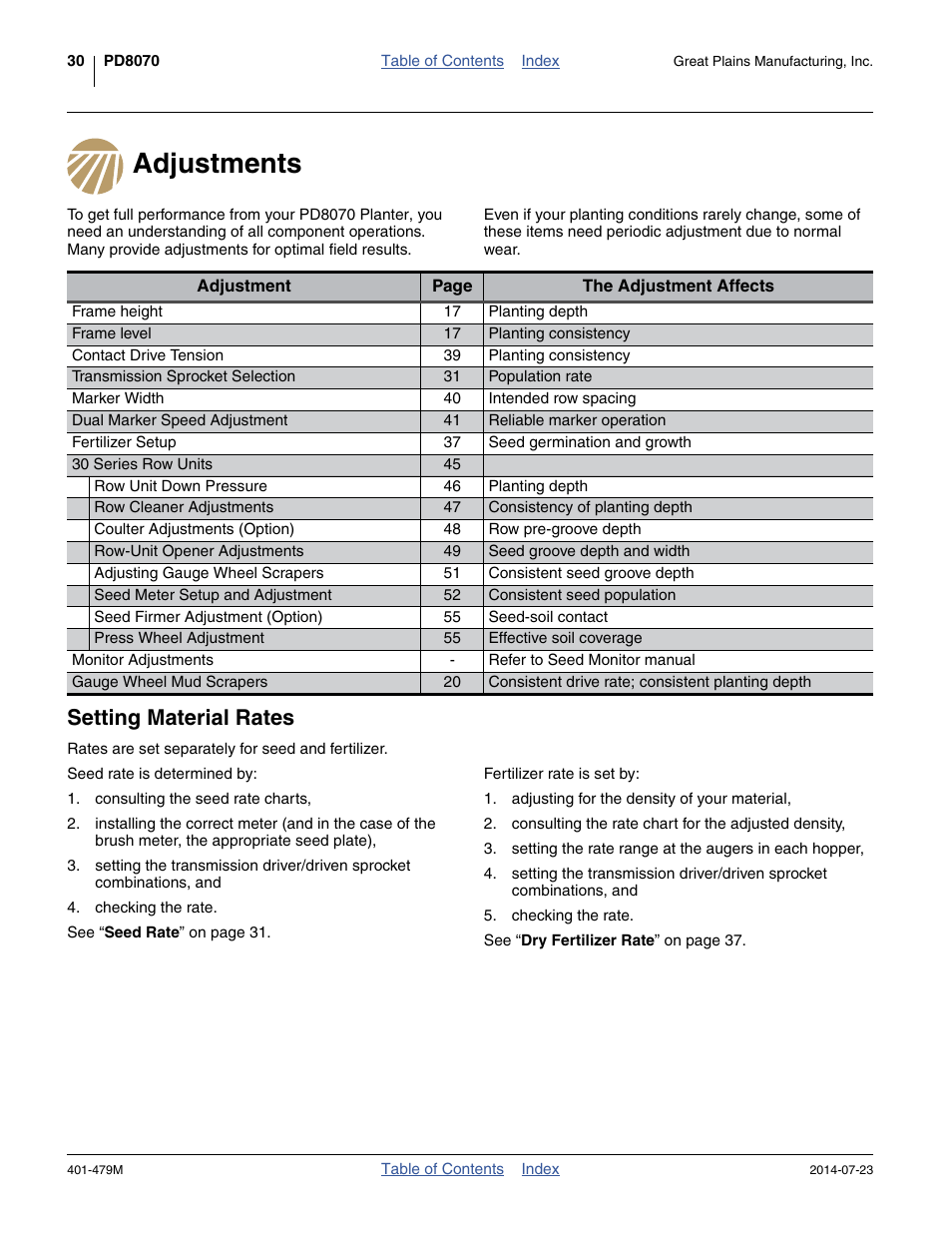 Adjustments, Setting material rates, Adjustments setting material rates | Great Plains PD8070 Operator Manual User Manual | Page 34 / 114