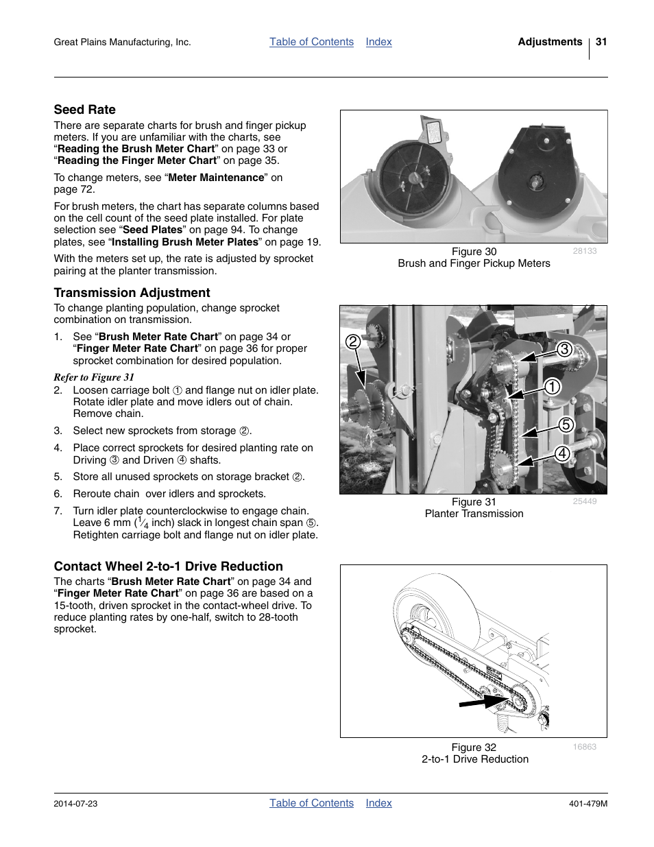 Seed rate, Transmission adjustment, Contact wheel 2-to-1 drive reduction | Seed rate transmission adjustment | Great Plains PD8070 Operator Manual User Manual | Page 35 / 114