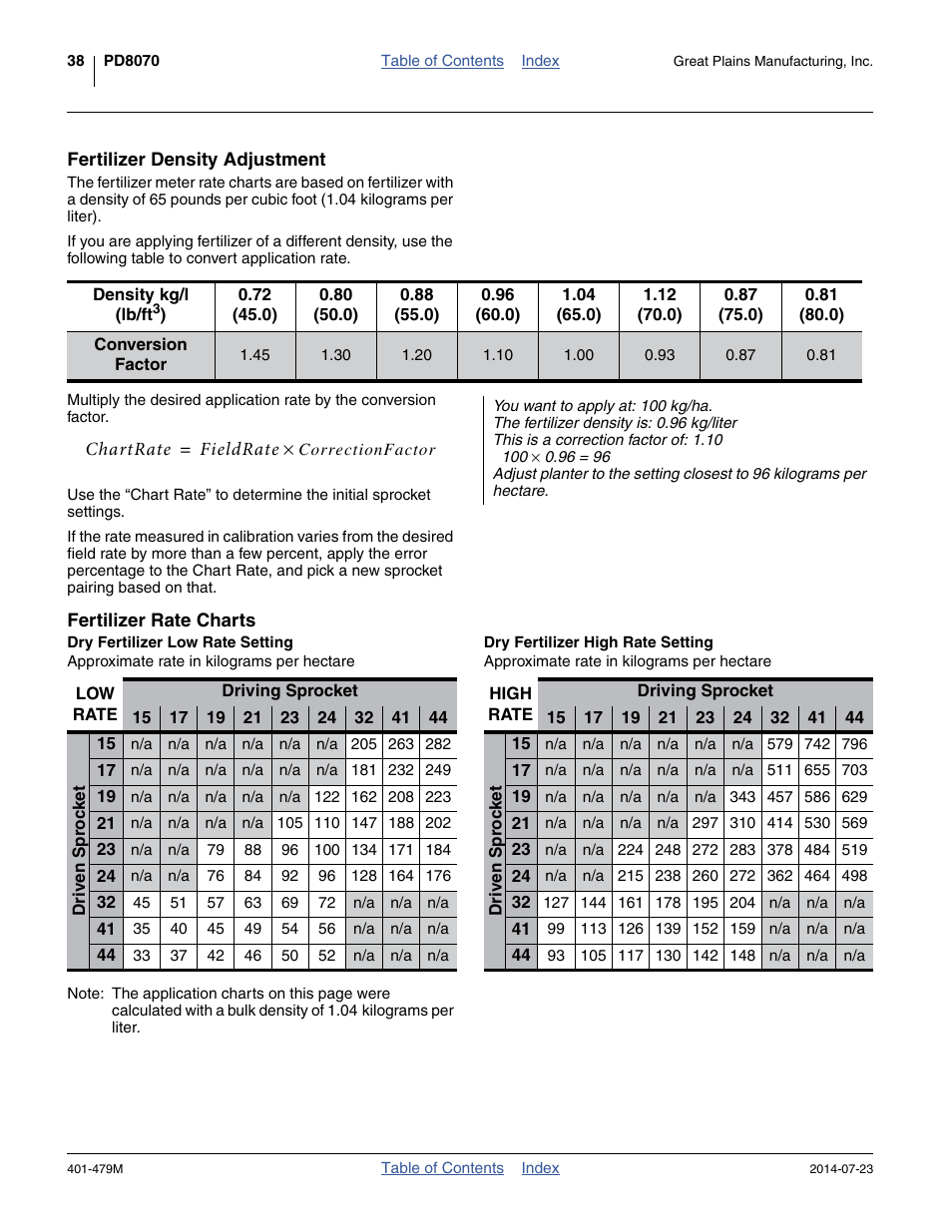 Fertilizer density adjustment, Fertilizer rate charts, Dry fertilizer low rate setting | Dry fertilizer high rate setting | Great Plains PD8070 Operator Manual User Manual | Page 42 / 114