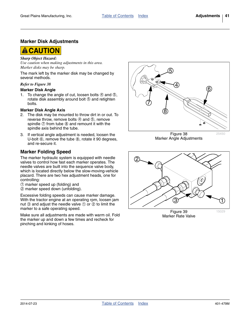 Marker disk adjustments, Marker disk angle, Marker disk angle axis | Marker folding speed, Marker disk angle marker disk angle axis | Great Plains PD8070 Operator Manual User Manual | Page 45 / 114