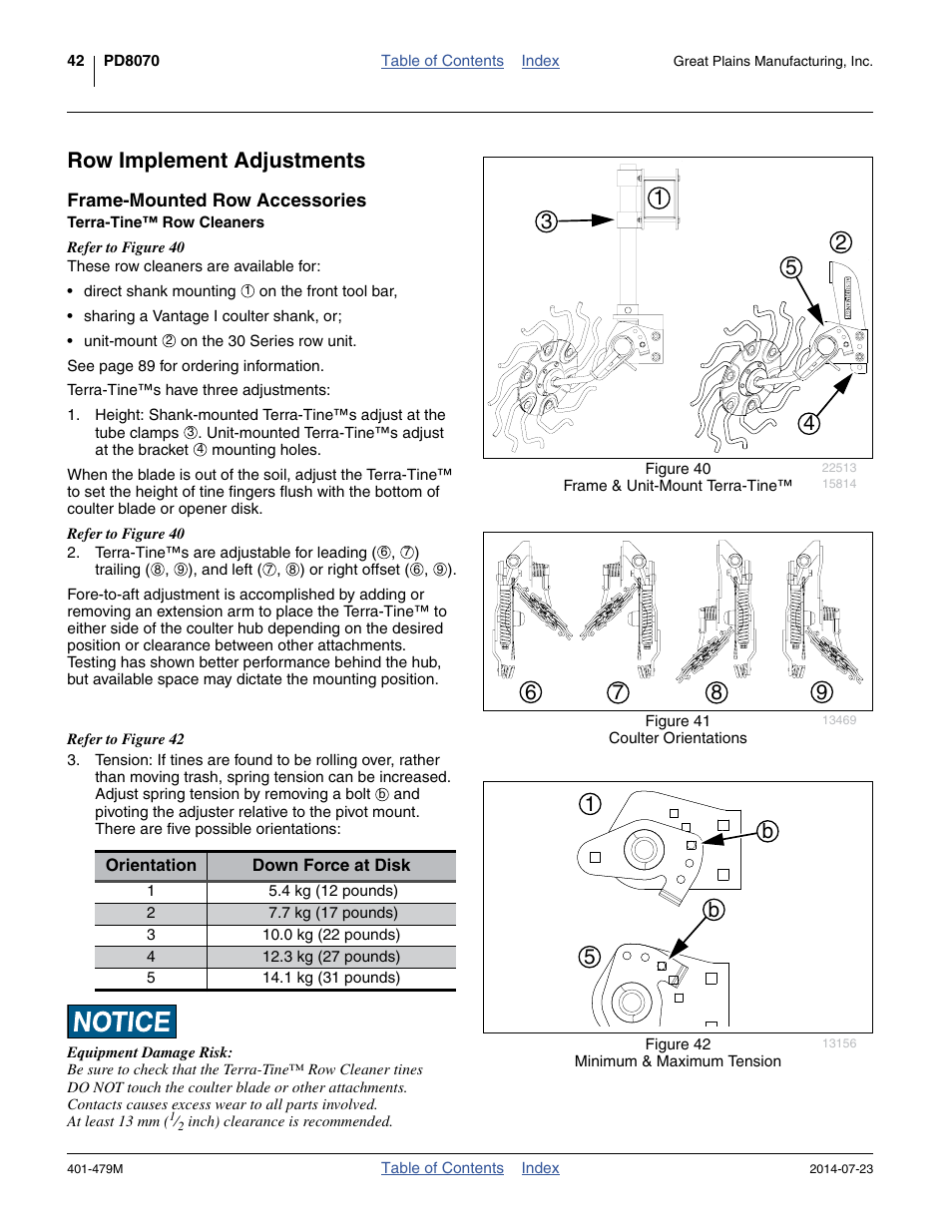 Row implement adjustments, Frame-mounted row accessories, Terra-tine™ row cleaners | 15 b b | Great Plains PD8070 Operator Manual User Manual | Page 46 / 114