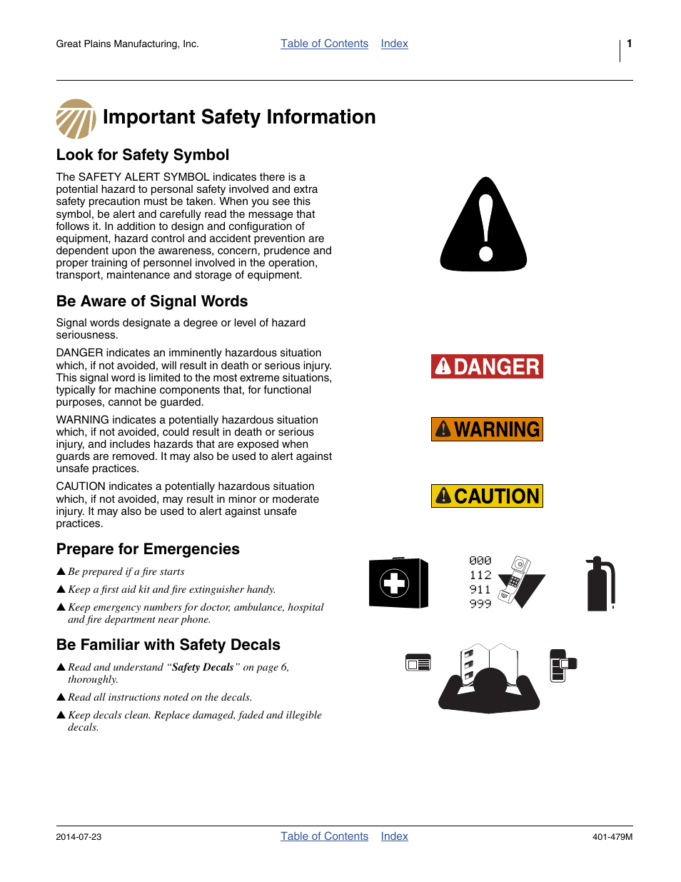 Important safety information, Look for safety symbol, Be aware of signal words | Prepare for emergencies, Be familiar with safety decals | Great Plains PD8070 Operator Manual User Manual | Page 5 / 114