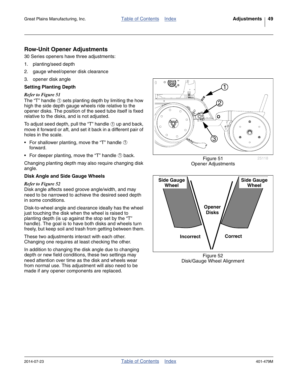 Row-unit opener adjustments, Setting planting depth, Disk angle and side gauge wheels | Great Plains PD8070 Operator Manual User Manual | Page 53 / 114