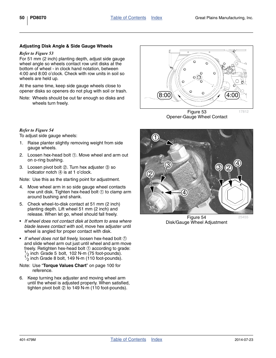 Adjusting disk angle & side gauge wheels | Great Plains PD8070 Operator Manual User Manual | Page 54 / 114