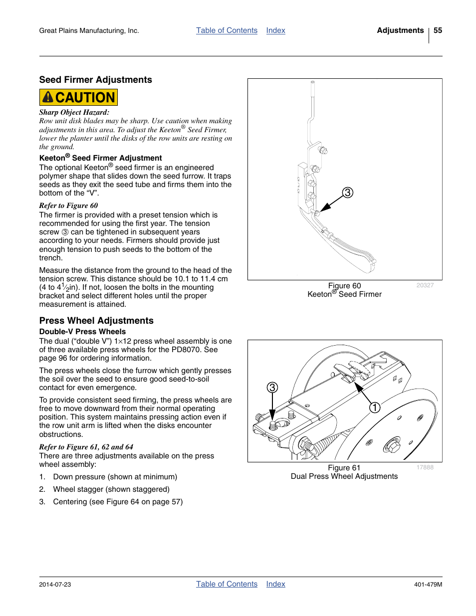 Seed firmer adjustments, Keeton® seed firmer adjustment, Press wheel adjustments | Double-v press wheels, Keeton | Great Plains PD8070 Operator Manual User Manual | Page 59 / 114
