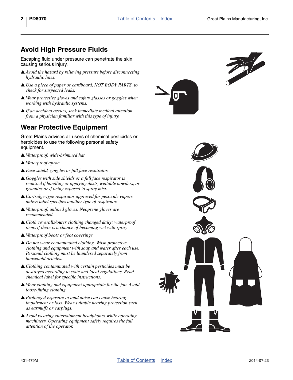 Avoid high pressure fluids, Wear protective equipment | Great Plains PD8070 Operator Manual User Manual | Page 6 / 114