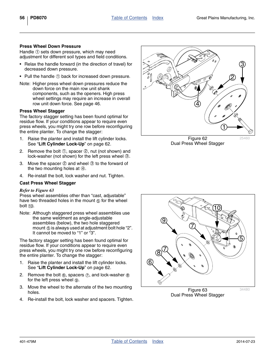 Press wheel down pressure, Press wheel stagger, Cast press wheel stagger | Great Plains PD8070 Operator Manual User Manual | Page 60 / 114