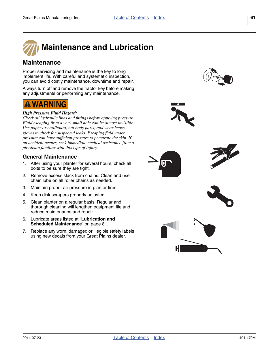 Maintenance and lubrication, Maintenance, General maintenance | Maintenance and lubrication maintenance | Great Plains PD8070 Operator Manual User Manual | Page 65 / 114