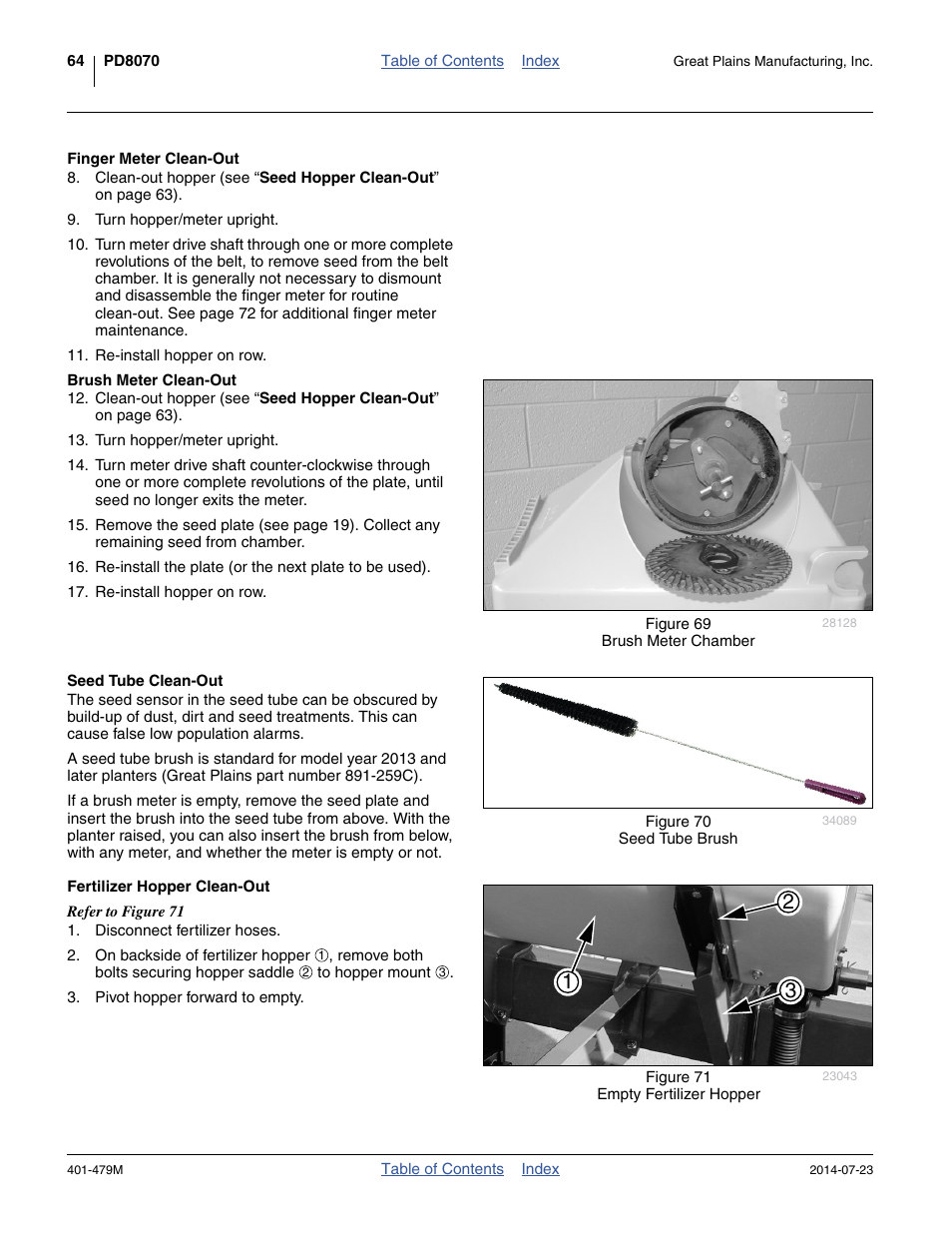 Finger meter clean-out, Brush meter clean-out, Seed tube clean-out | Fertilizer hopper clean-out | Great Plains PD8070 Operator Manual User Manual | Page 68 / 114