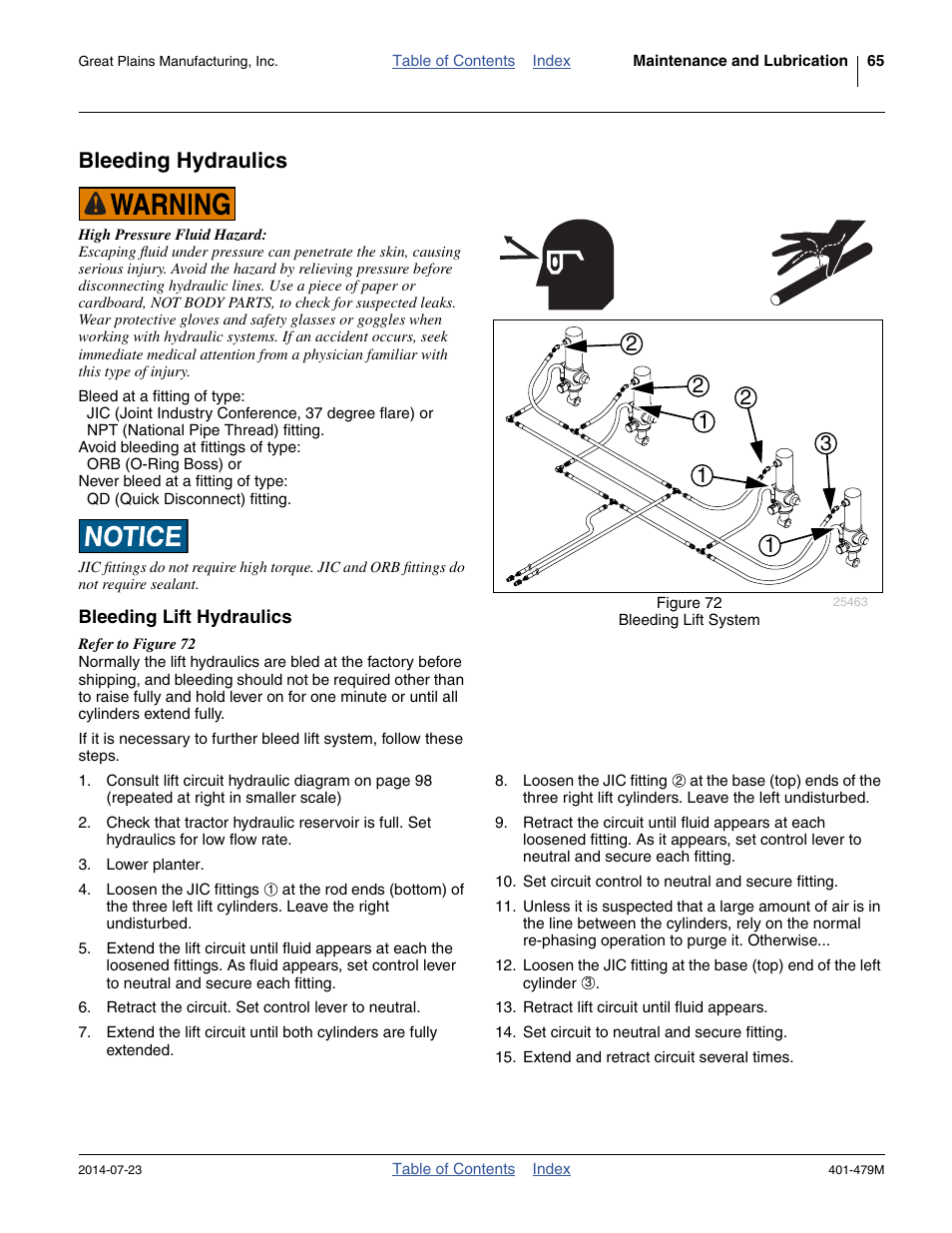 Bleeding hydraulics, Bleeding lift hydraulics | Great Plains PD8070 Operator Manual User Manual | Page 69 / 114