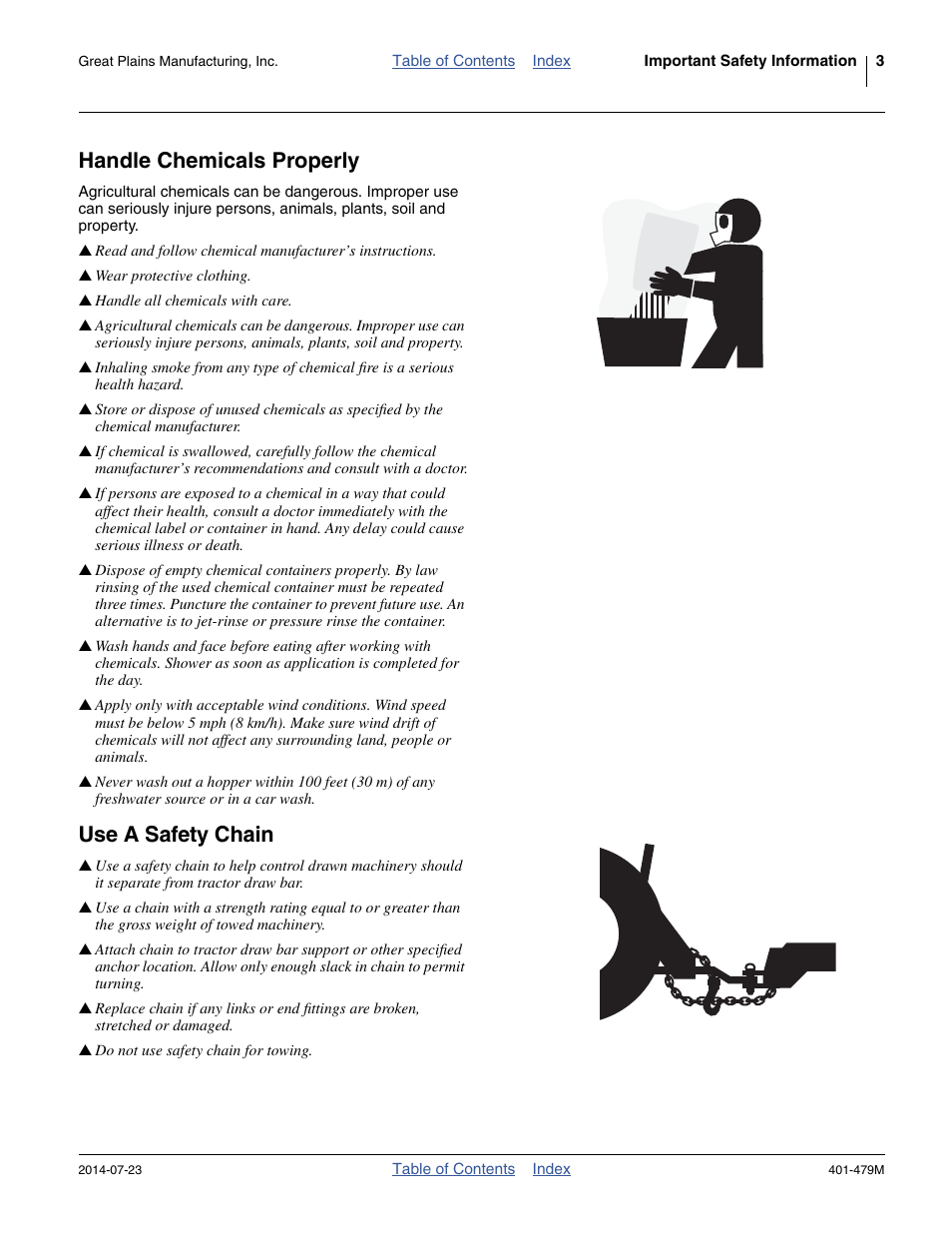 Handle chemicals properly, Use a safety chain | Great Plains PD8070 Operator Manual User Manual | Page 7 / 114