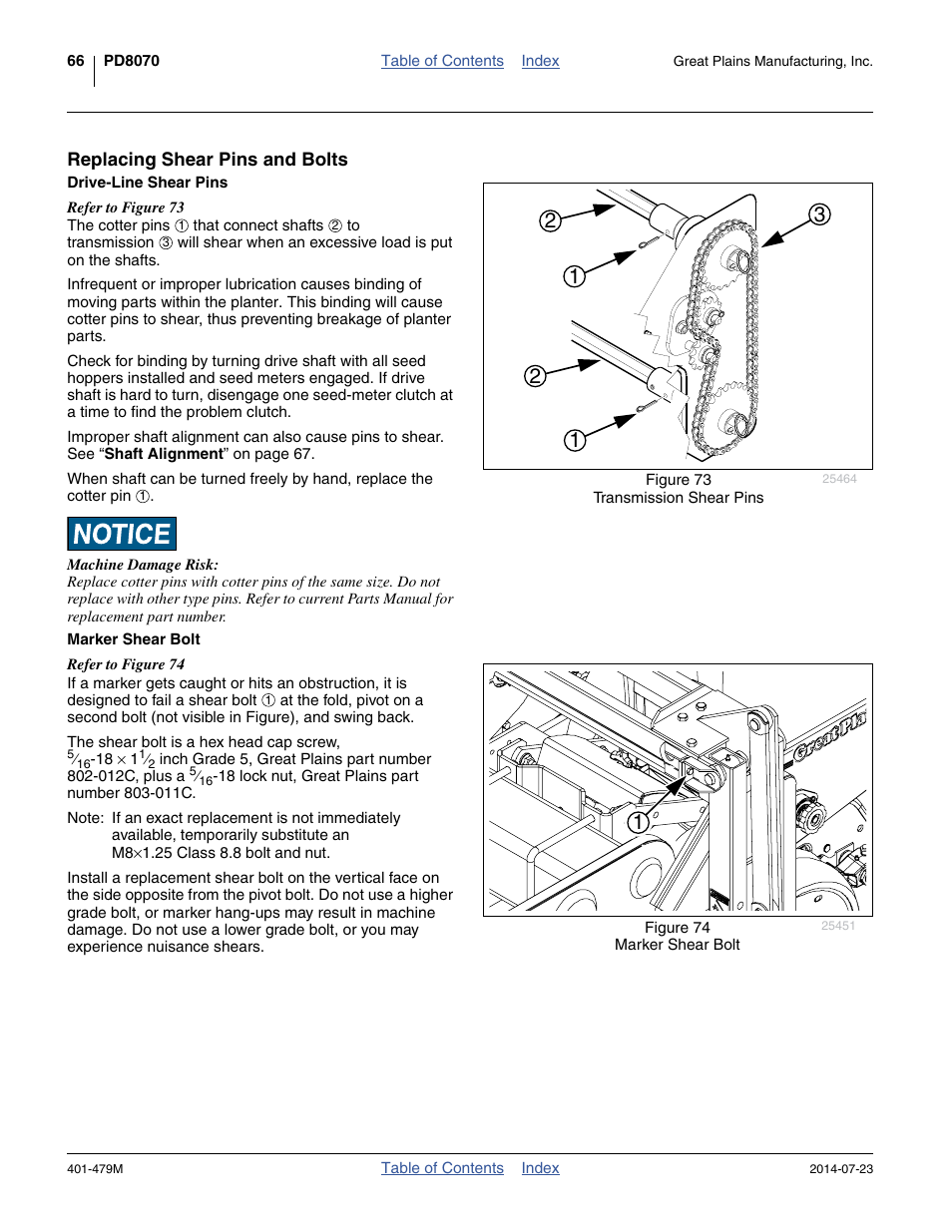 Replacing shear pins and bolts, Drive-line shear pins, Marker shear bolt | Drive-line shear pins marker shear bolt | Great Plains PD8070 Operator Manual User Manual | Page 70 / 114