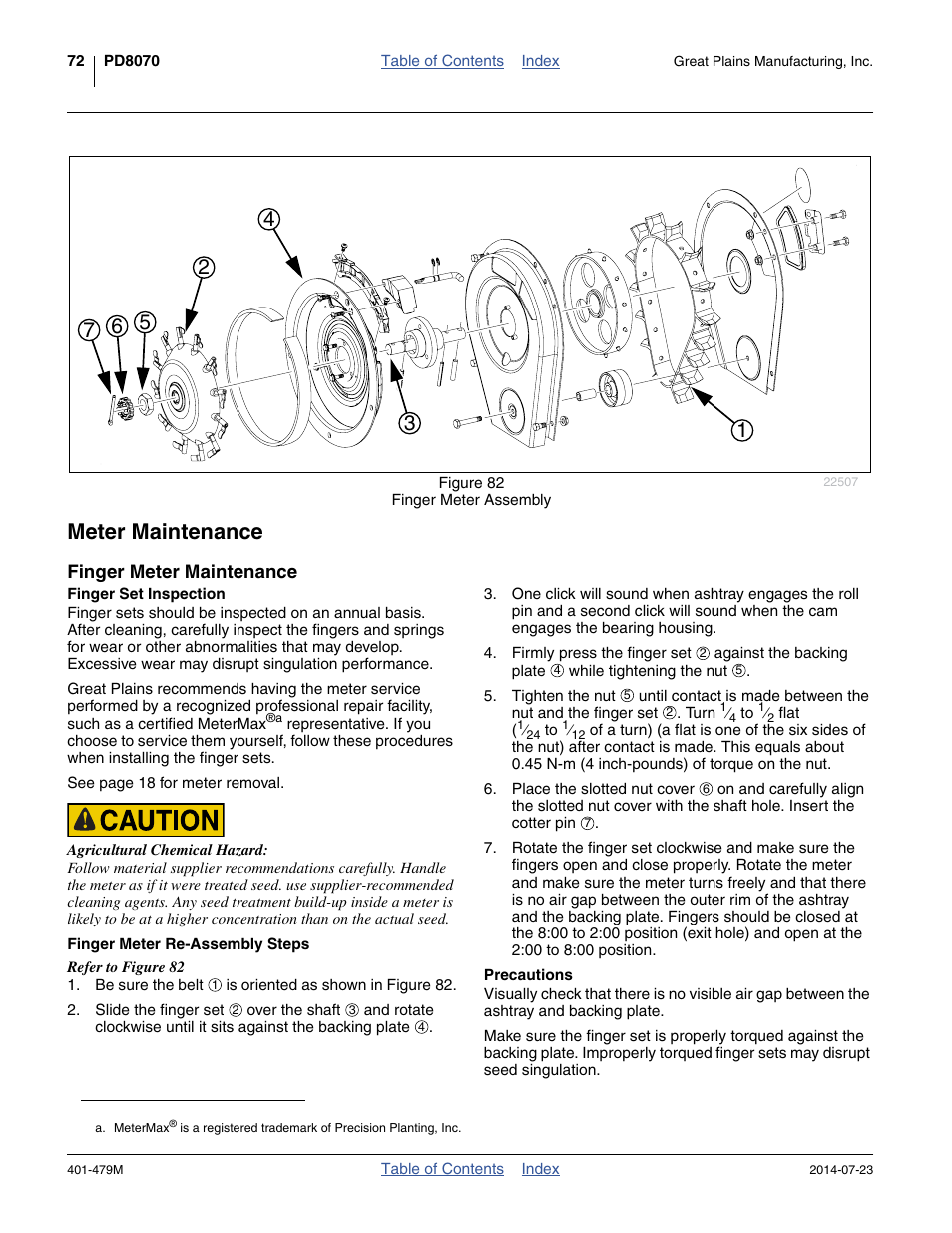 Meter maintenance, Finger meter maintenance, Finger set inspection | Finger meter re-assembly steps, Precautions | Great Plains PD8070 Operator Manual User Manual | Page 76 / 114
