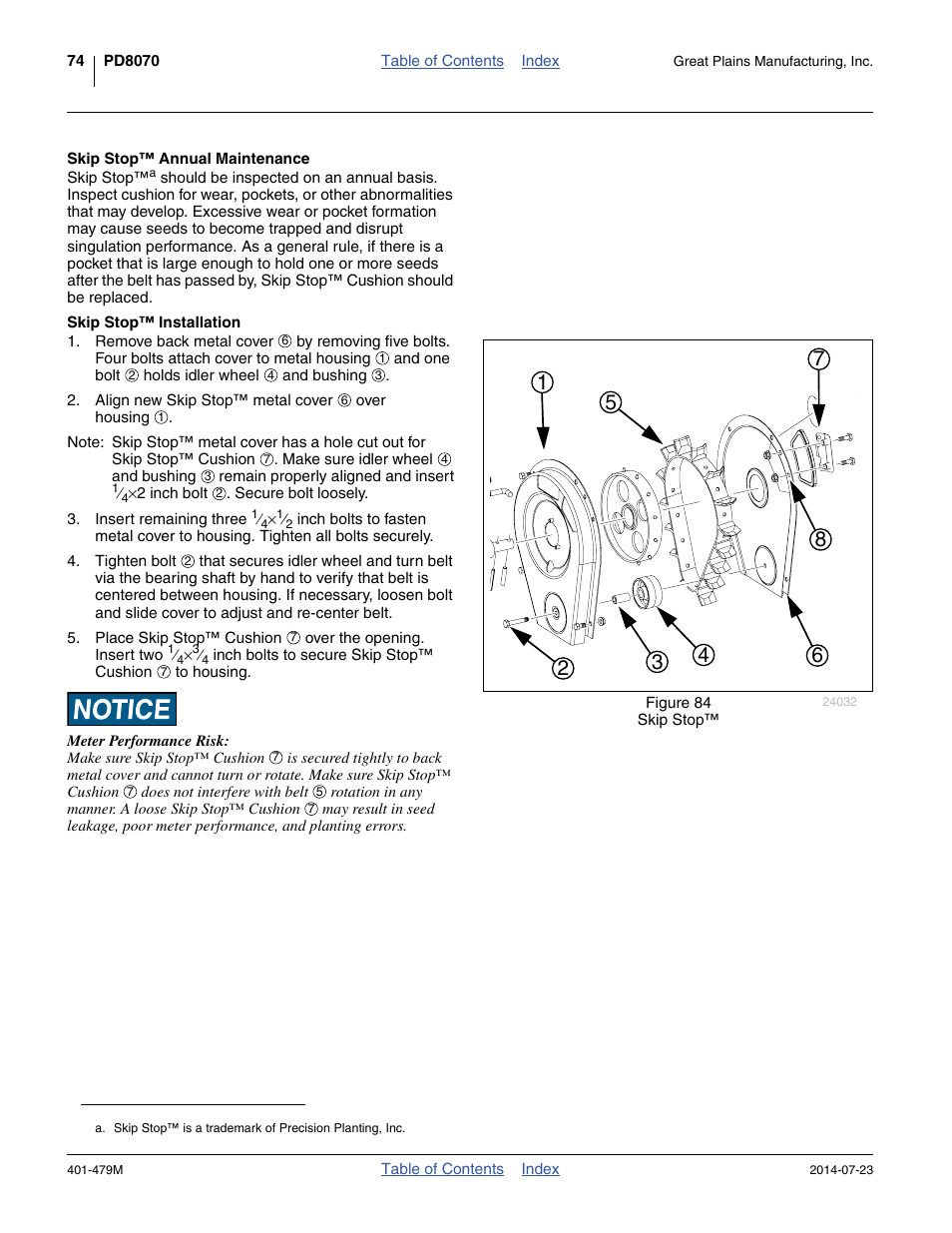 Skip stop™ annual maintenance, Skip stop™ installation | Great Plains PD8070 Operator Manual User Manual | Page 78 / 114