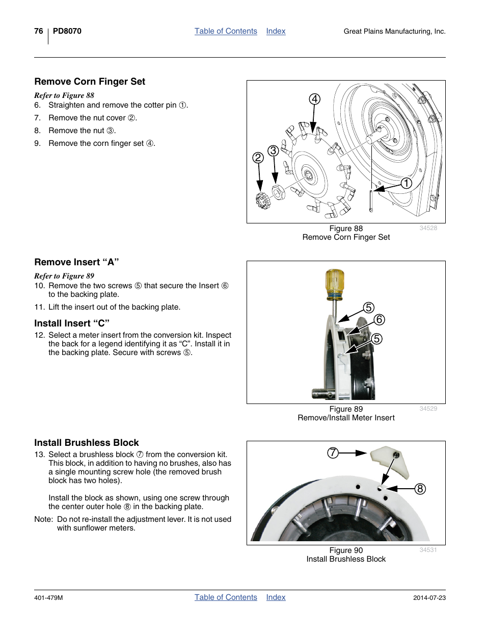 Remove corn finger set, Remove insert “a, Install insert “c | Install brushless block | Great Plains PD8070 Operator Manual User Manual | Page 80 / 114