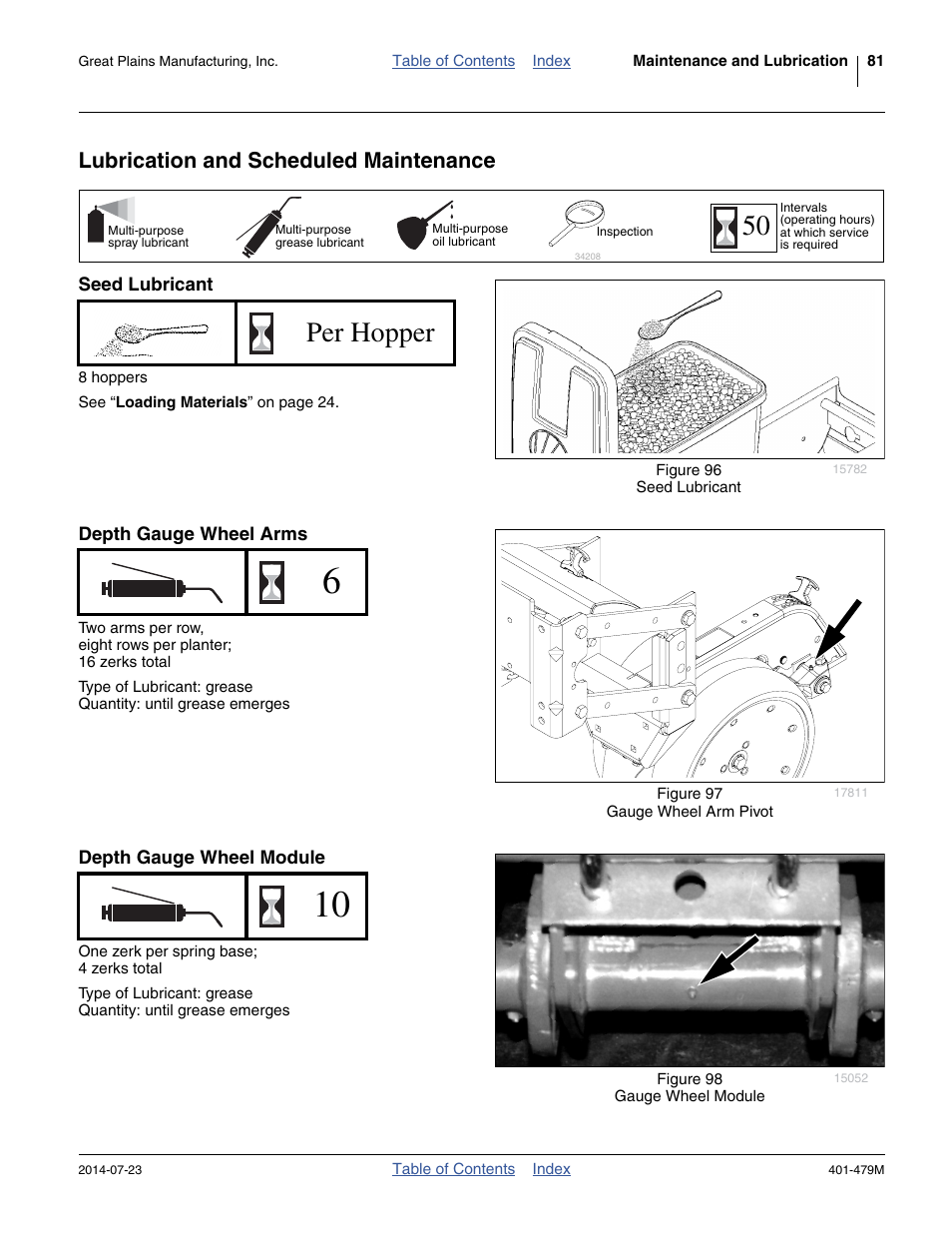 Lubrication and scheduled maintenance, Seed lubricant, Depth gauge wheel arms | Depth gauge wheel module, Per hopper 50 | Great Plains PD8070 Operator Manual User Manual | Page 85 / 114