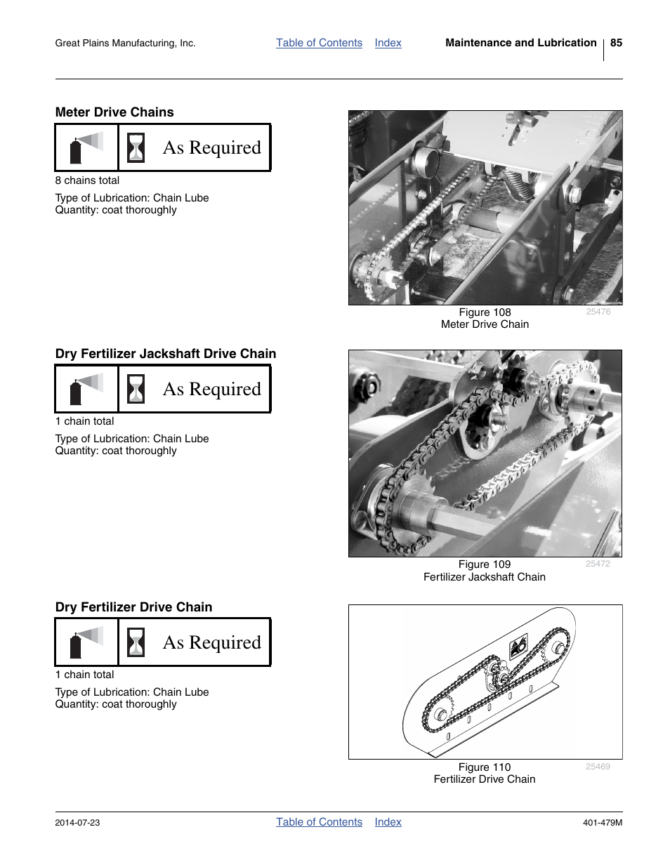 Meter drive chains, Dry fertilizer jackshaft drive chain, Dry fertilizer drive chain | As required | Great Plains PD8070 Operator Manual User Manual | Page 89 / 114