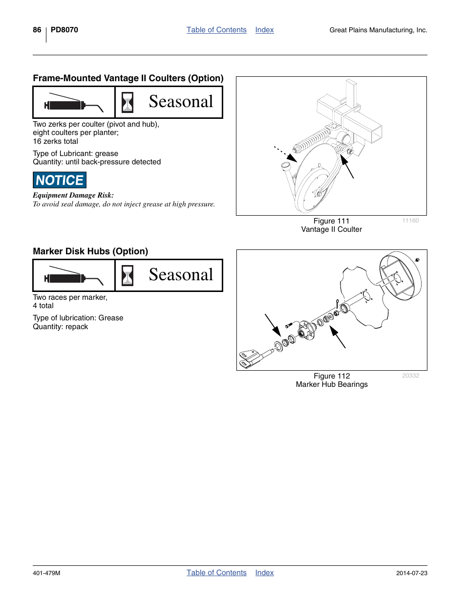 Frame-mounted vantage ii coulters (option), Marker disk hubs (option), Seasonal | Great Plains PD8070 Operator Manual User Manual | Page 90 / 114