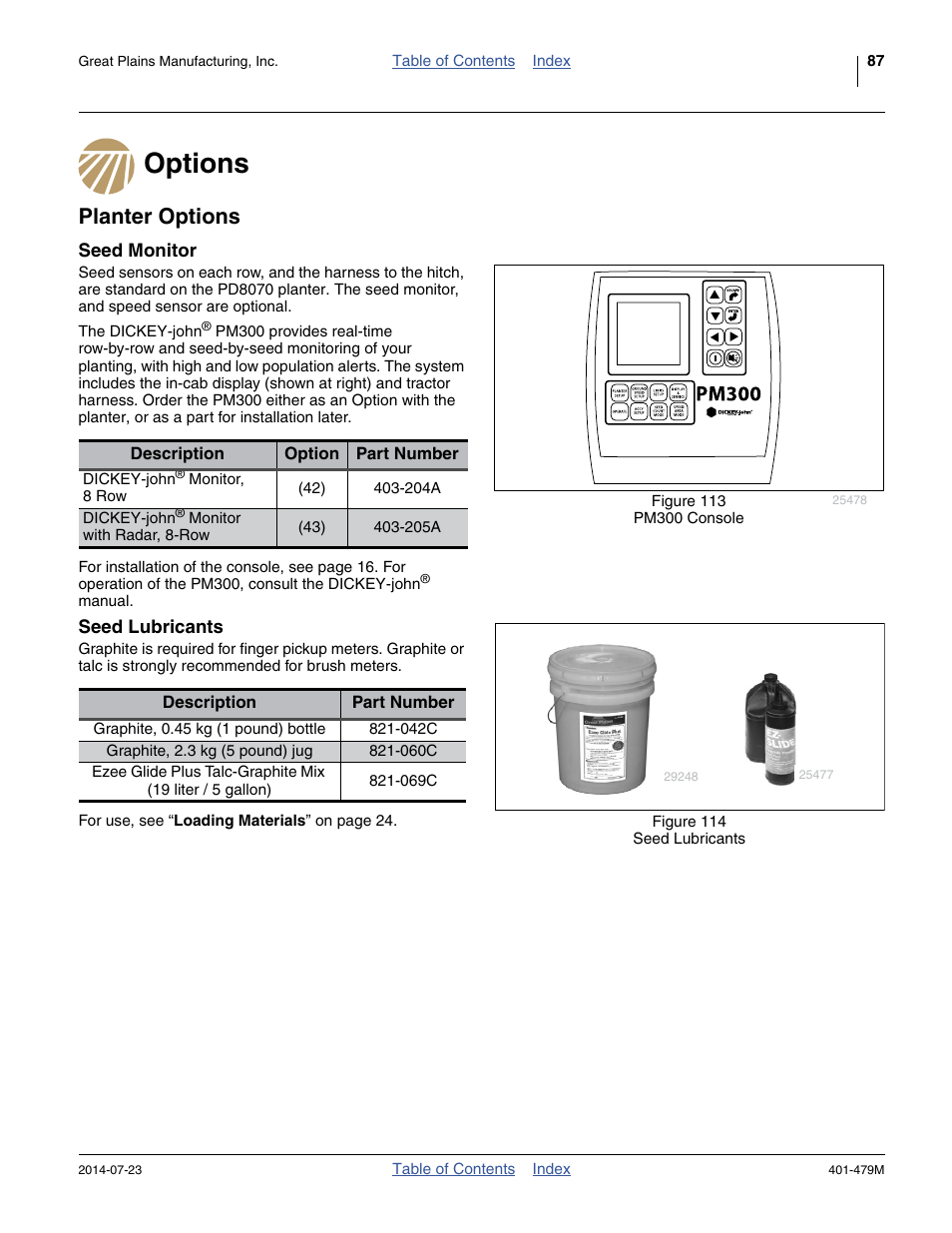 Options, Planter options, Seed monitor | Seed lubricants | Great Plains PD8070 Operator Manual User Manual | Page 91 / 114
