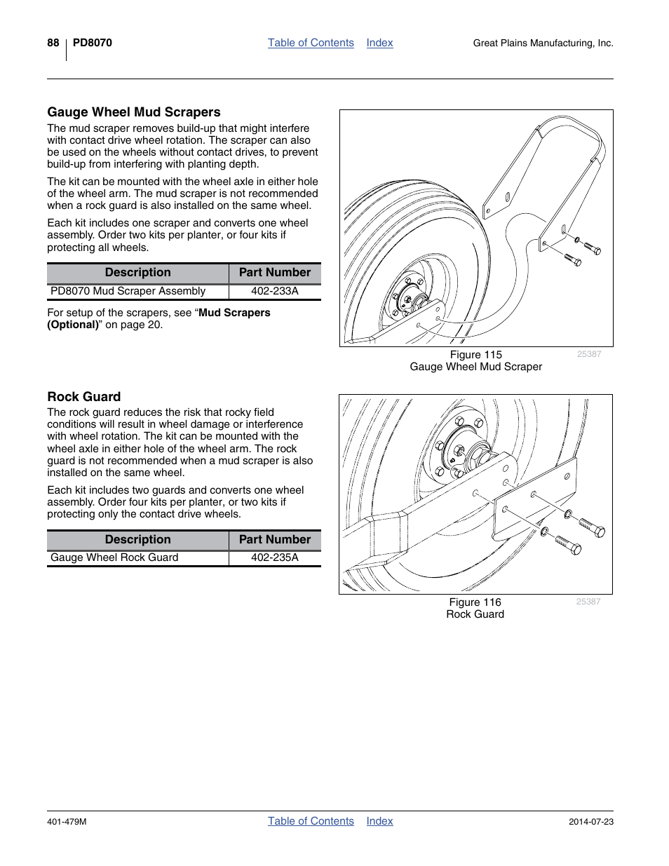 Gauge wheel mud scrapers, Rock guard | Great Plains PD8070 Operator Manual User Manual | Page 92 / 114