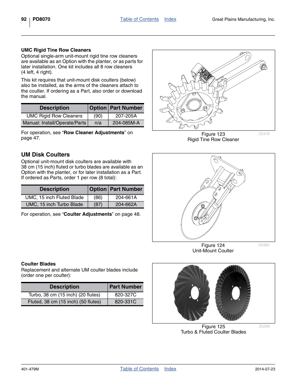 Umc rigid tine row cleaners, Um disk coulters, Coulter blades | Great Plains PD8070 Operator Manual User Manual | Page 96 / 114