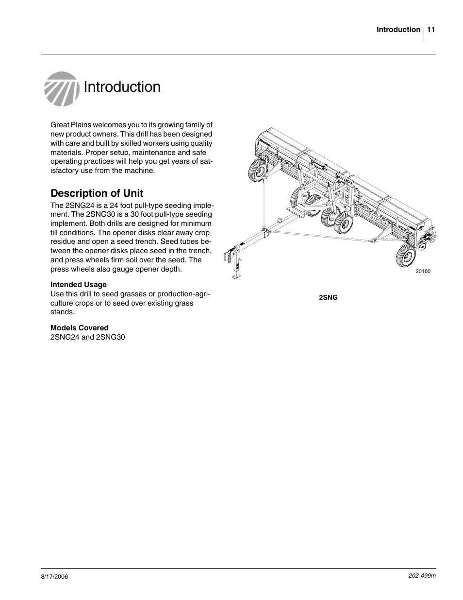 Introduction, Description of unit, Intended usage | Models covered | Great Plains 2SNG30 Operator Manual User Manual | Page 13 / 40
