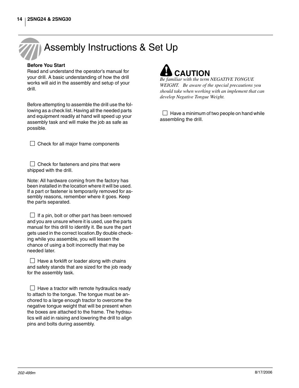 Before you start, Assembly instructions & set up, Caution | Great Plains 2SNG30 Operator Manual User Manual | Page 16 / 40