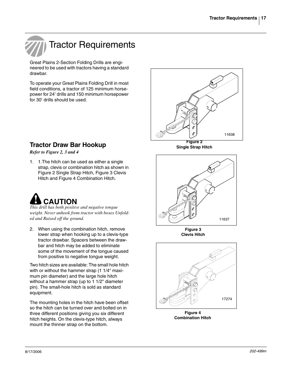 Tractor draw bar hookup, Tractor requirements, Caution | Great Plains 2SNG30 Operator Manual User Manual | Page 19 / 40