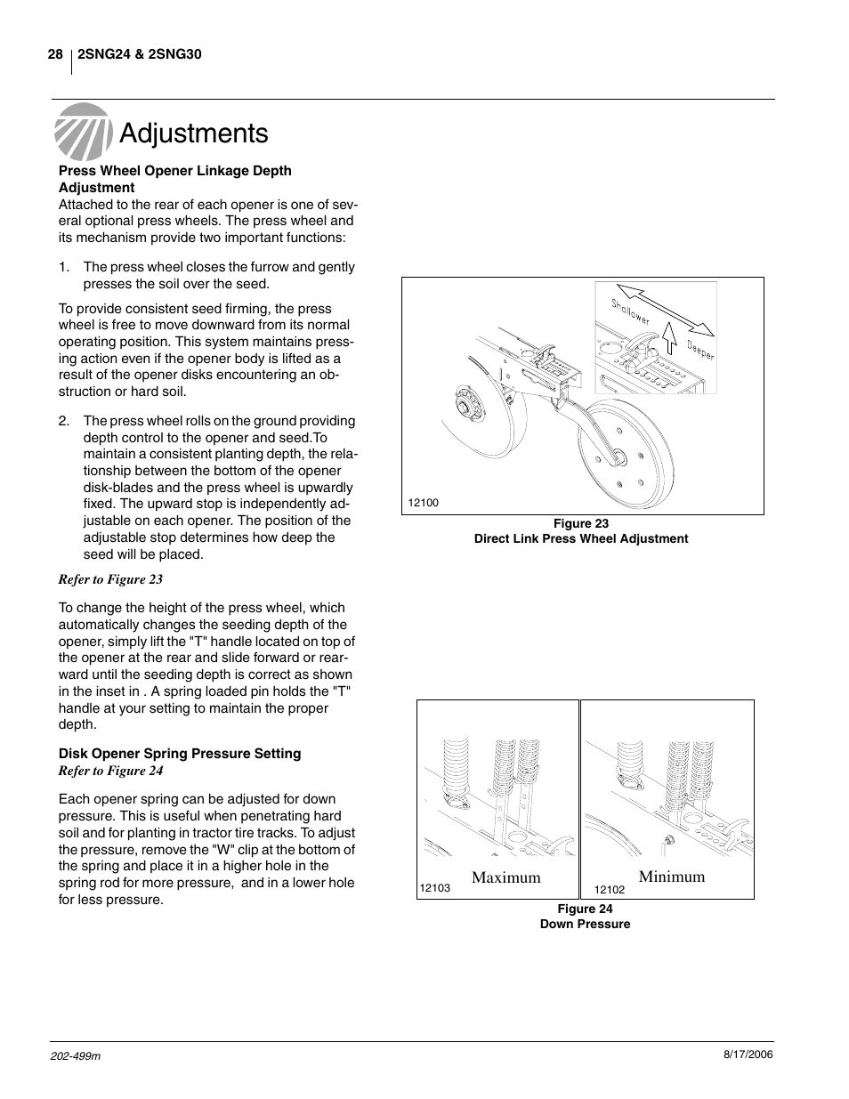 Adjustments, Press wheel depth adjustment, Disk opener spring pressure setting | Great Plains 2SNG30 Operator Manual User Manual | Page 30 / 40