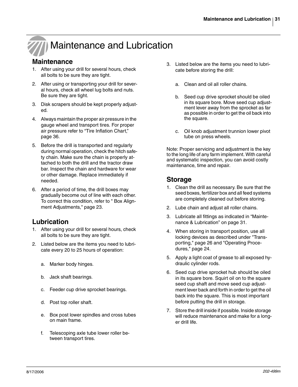 Maintenance and lubrication, Maintenance, Lubrication | Storage | Great Plains 2SNG30 Operator Manual User Manual | Page 33 / 40