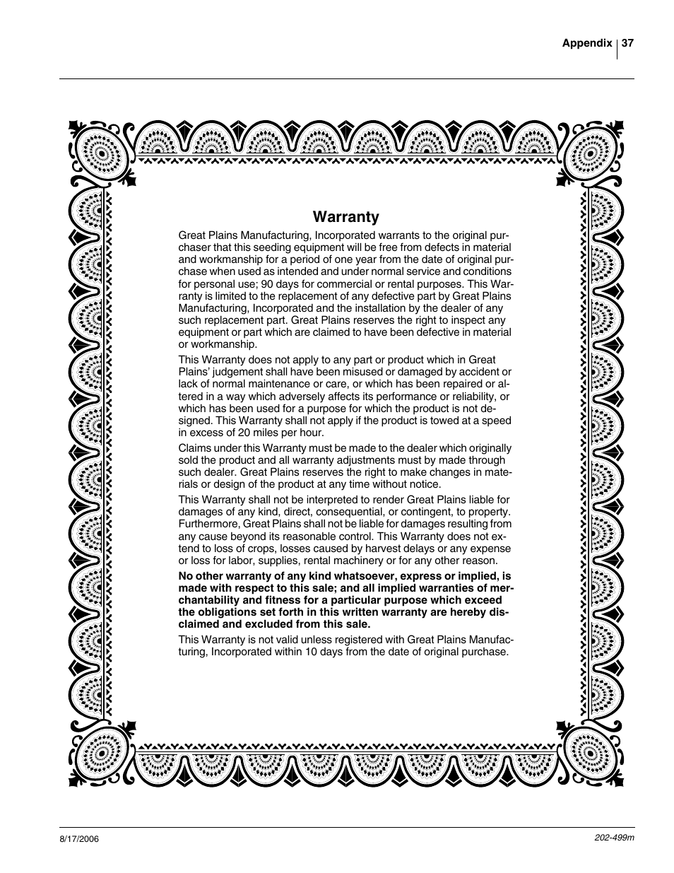Warranty | Great Plains 2SNG30 Operator Manual User Manual | Page 39 / 40