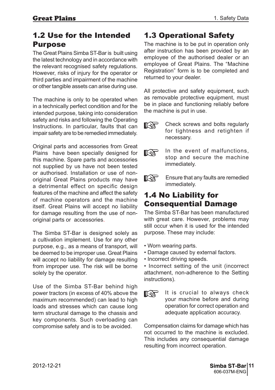 3 operational safety, 4 no liability for consequential damage, 2 use for the intended purpose | Great Plains ST-Bar Operator Manual User Manual | Page 11 / 20