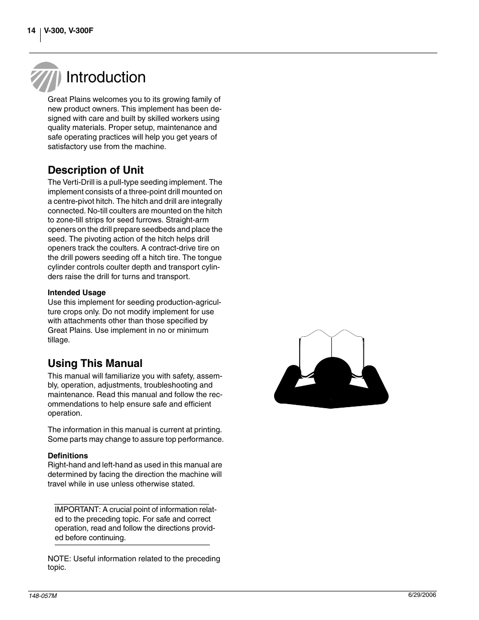 Introduction, Description of unit, Intended usage | Using this manual, Definitions | Great Plains V-300F Operator Manual User Manual | Page 16 / 84