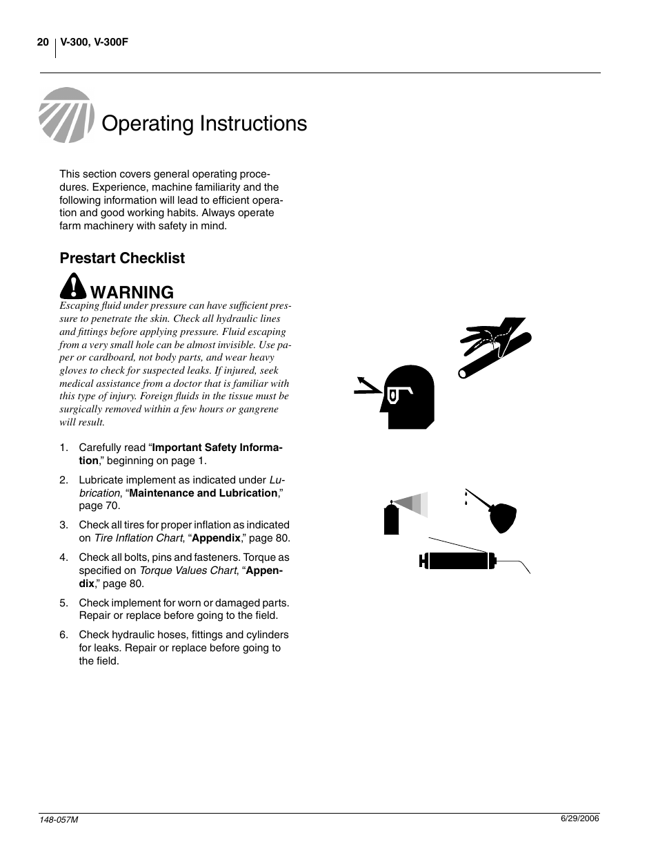 Operating instructions, Prestart checklist, Warning | Great Plains V-300F Operator Manual User Manual | Page 22 / 84