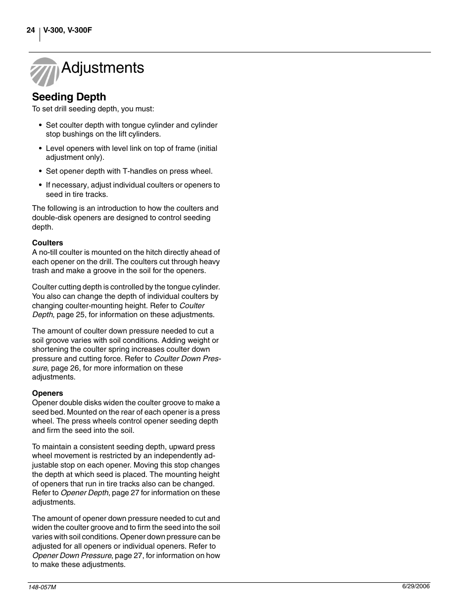 Adjustments, Seeding depth, Coulters | Openers | Great Plains V-300F Operator Manual User Manual | Page 26 / 84