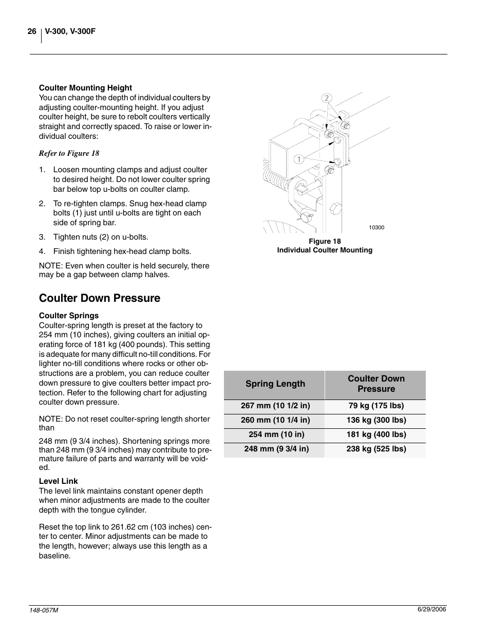 Coulter mounting height, Coulter down pressure, Coulter springs | Level link | Great Plains V-300F Operator Manual User Manual | Page 28 / 84