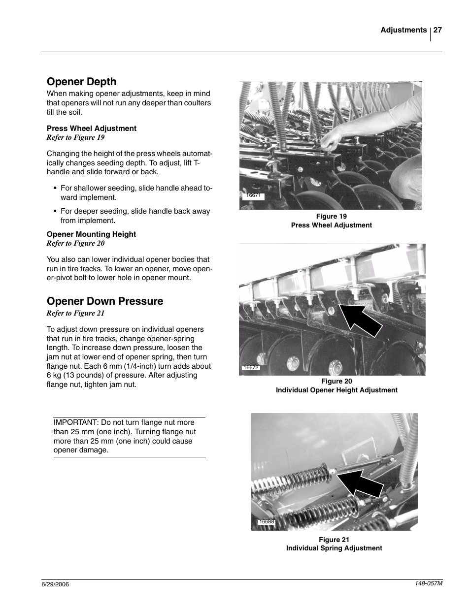 Opener depth, Press wheel adjustment, Opener mounting height | Opener down pressure | Great Plains V-300F Operator Manual User Manual | Page 29 / 84